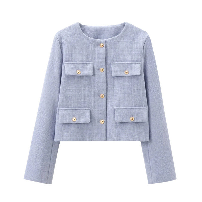 Chic long sleeve women's cropped jacket with gold buttons. Tailored fit for a sophisticated, modern style.