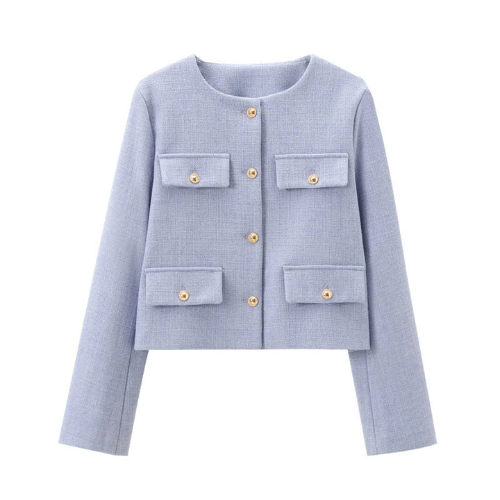 Chic long sleeve women's cropped jacket with gold buttons. Tailored fit for a sophisticated, modern style.