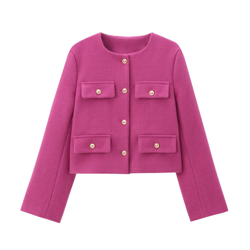 Women's versatile cropped blazer with gold button details. Elegant outerwear for a polished work or casual look.
