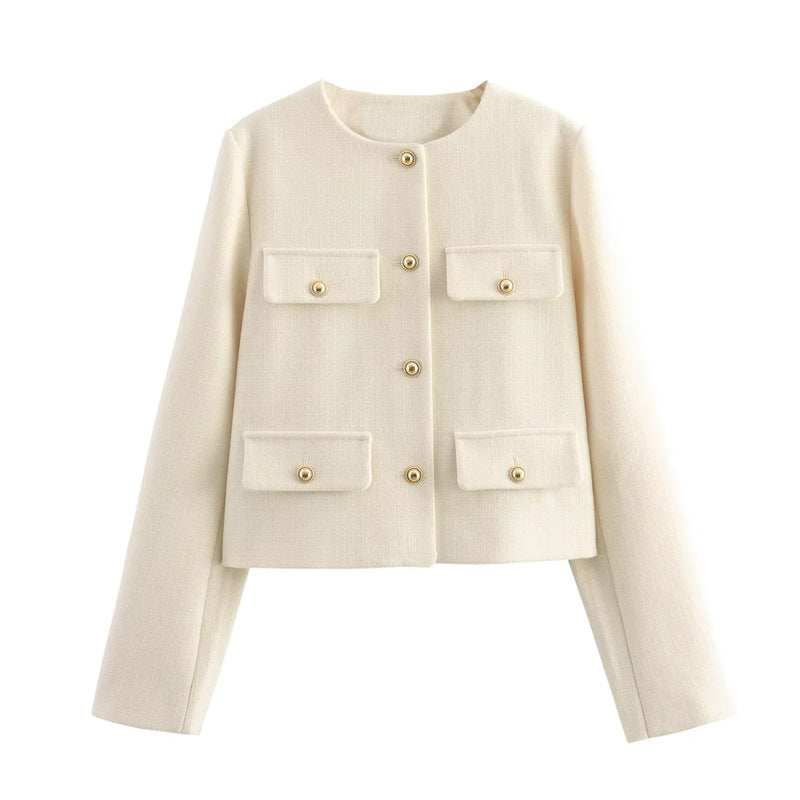 Women's chic gold-button cropped blazer. Tailored long sleeve jacket for a modern, polished look.