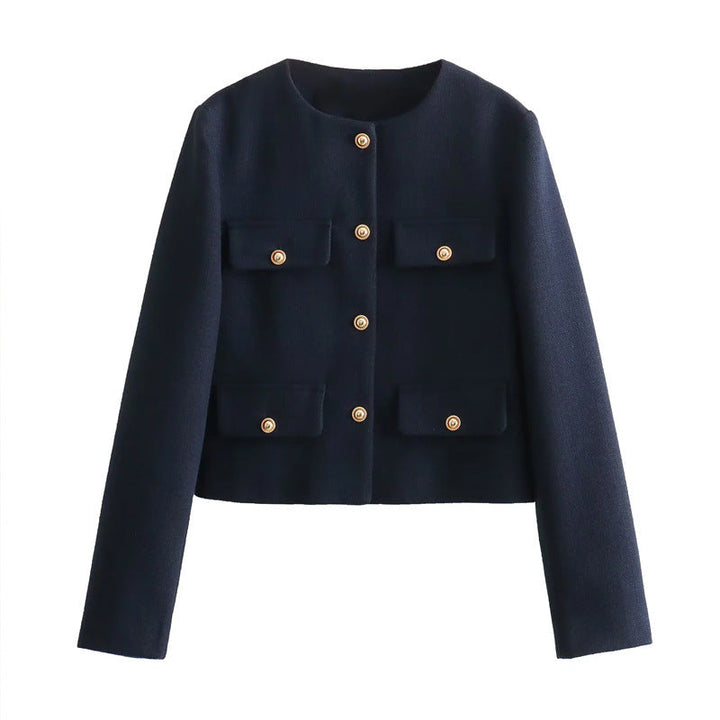 Stylish women's cropped jacket featuring gold buttons. Elegant outerwear, suitable for smart casual occasions.
