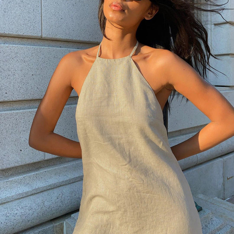 Elegant & casual women's sleeveless A-line mini dress with a stylish halter neck for summer fashion.