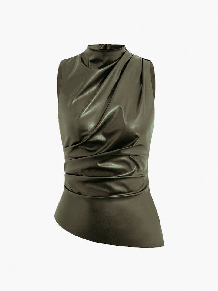 Statement women's high neck drape top. Chic, elegant, and modern sleeveless design for sophisticated style.