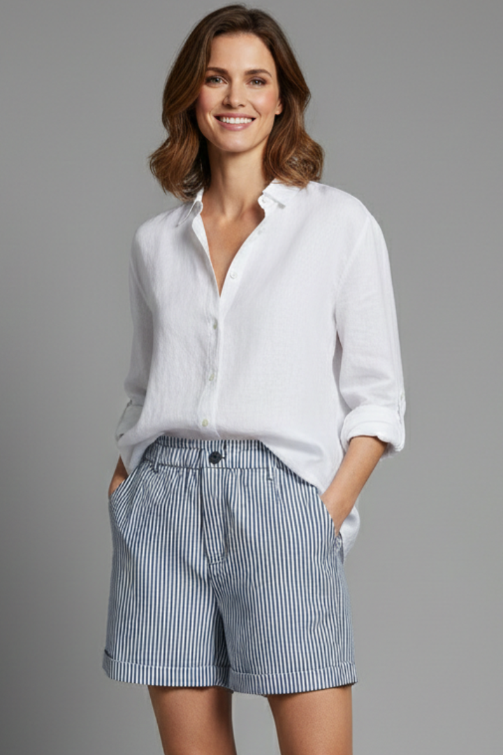 Elegant women's tailored shorts with a high waist & classic stripes. Versatile for chic summer outfits.