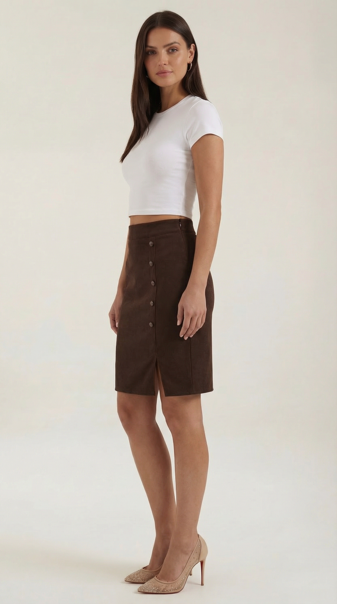 Women's casual chic mini skirt, high-waisted with elegant button accents.