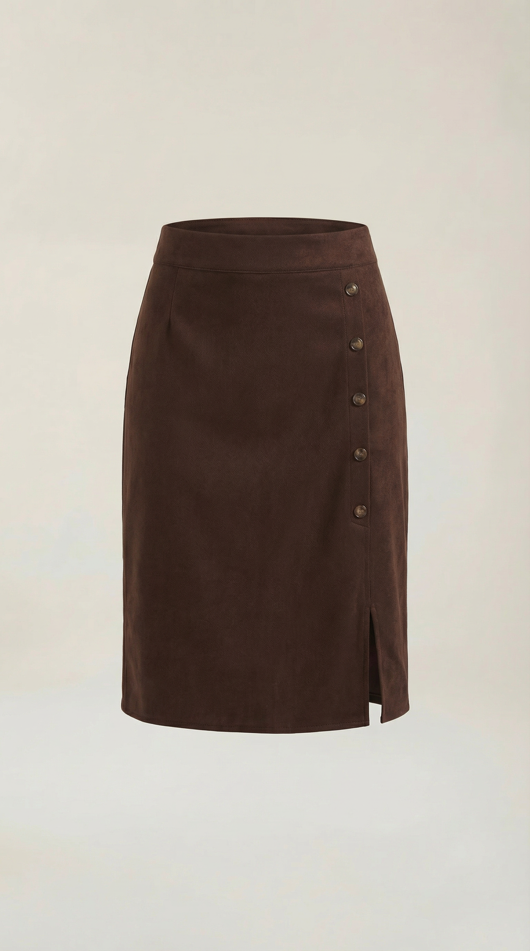 Modern women's mini skirt, high-waisted, with prominent button detailing.