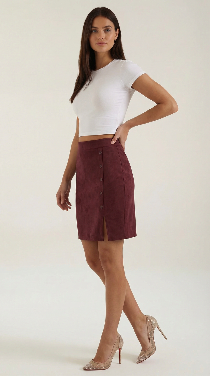 Stylish women's mini skirt with a high waist and decorative button elements.