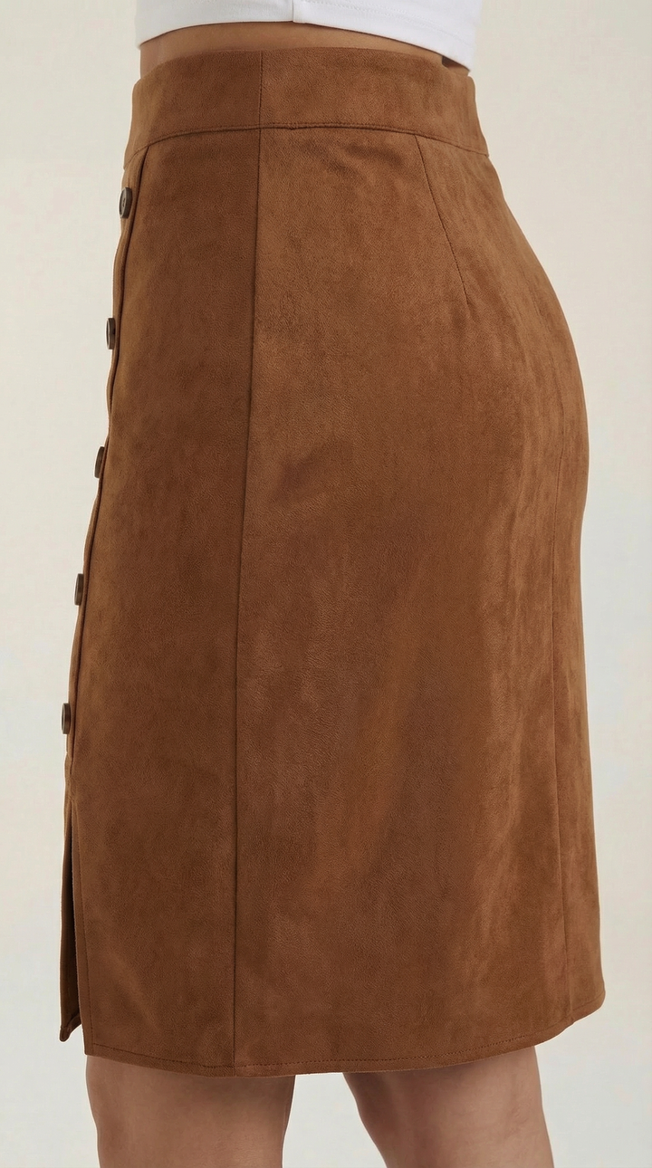 Casual chic women's high-waisted mini skirt with decorative front buttons.