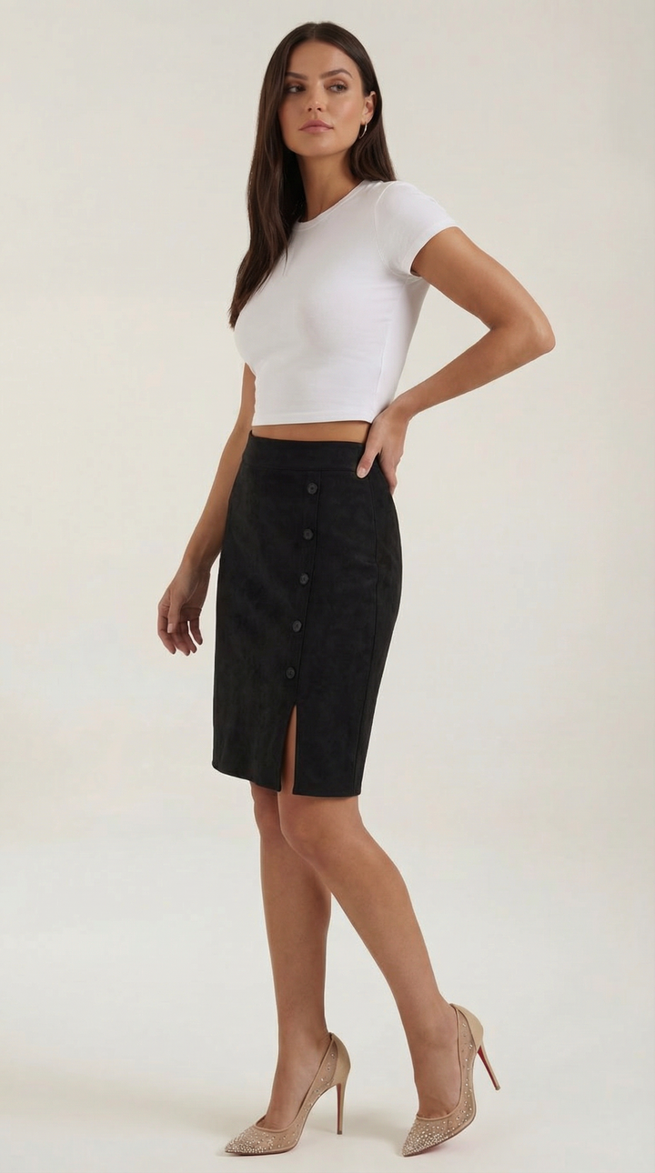 High-waisted buttoned women's mini skirt, a versatile piece for any wardrobe.