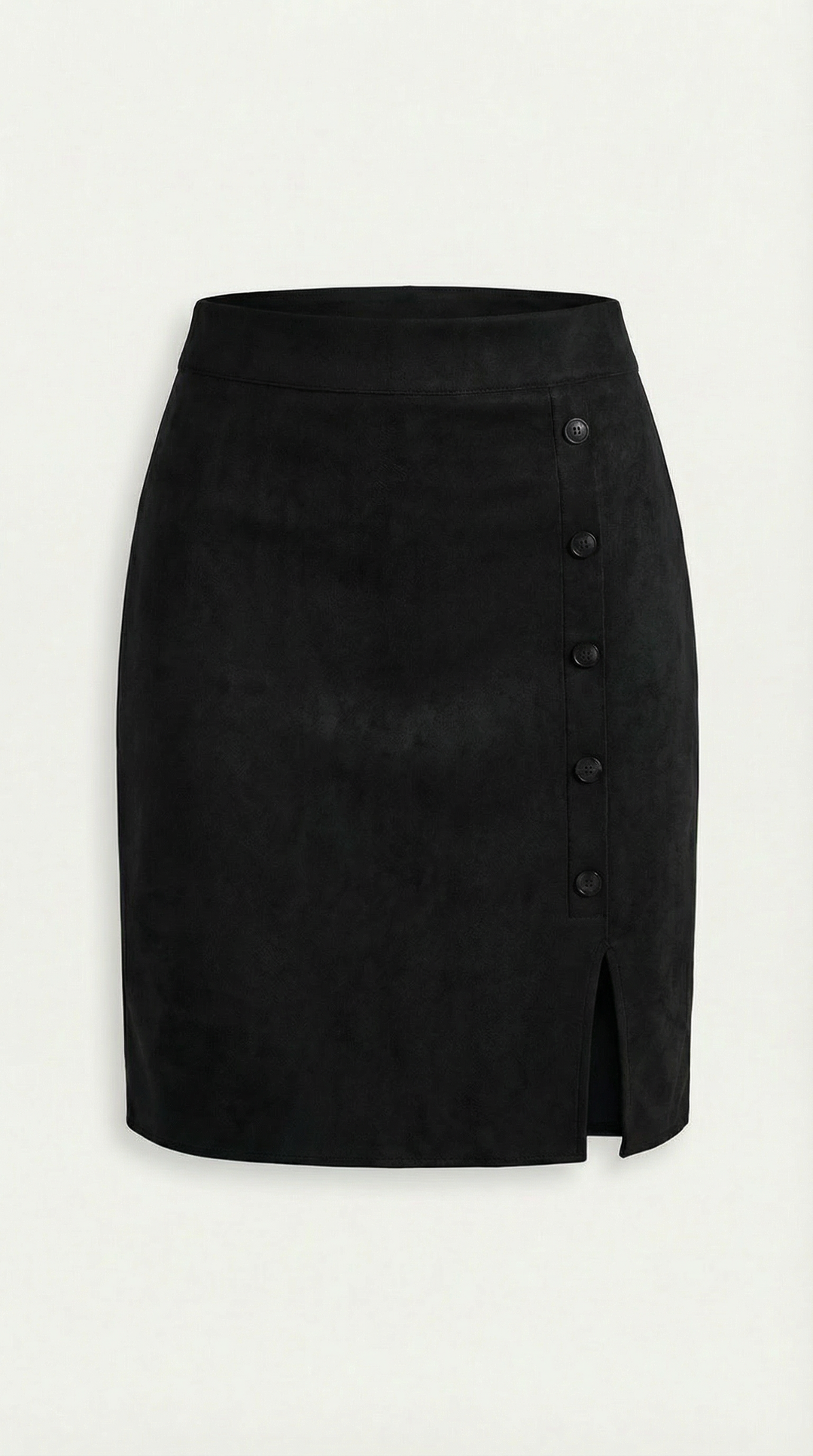 Office-appropriate women's high-waisted mini skirt with stylish buttons.