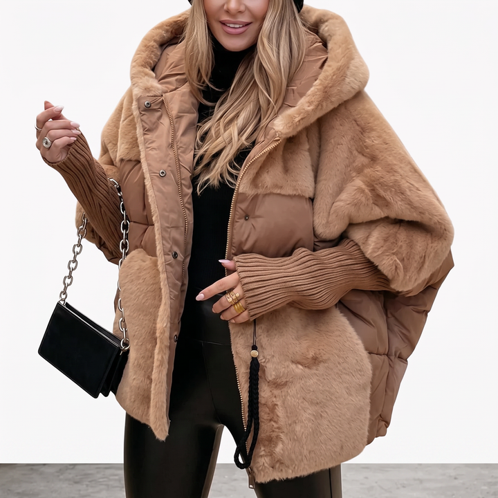 Stylish chic women's hooded winter coat. Modern outerwear for fall fashion, ensuring warmth & comfort in cold weather.