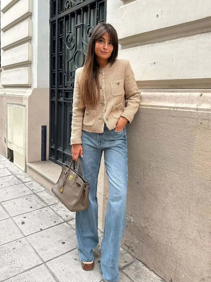 Chic women's khaki cropped jacket with pockets, perfect for elegant spring and fall layering.