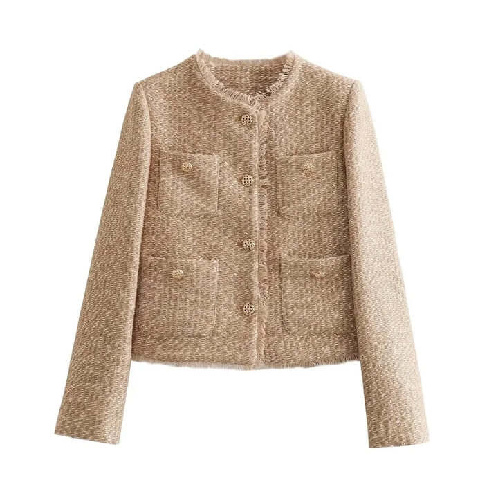 Women's elegant tailored khaki cropped jacket with functional pockets, a versatile fashion essential.