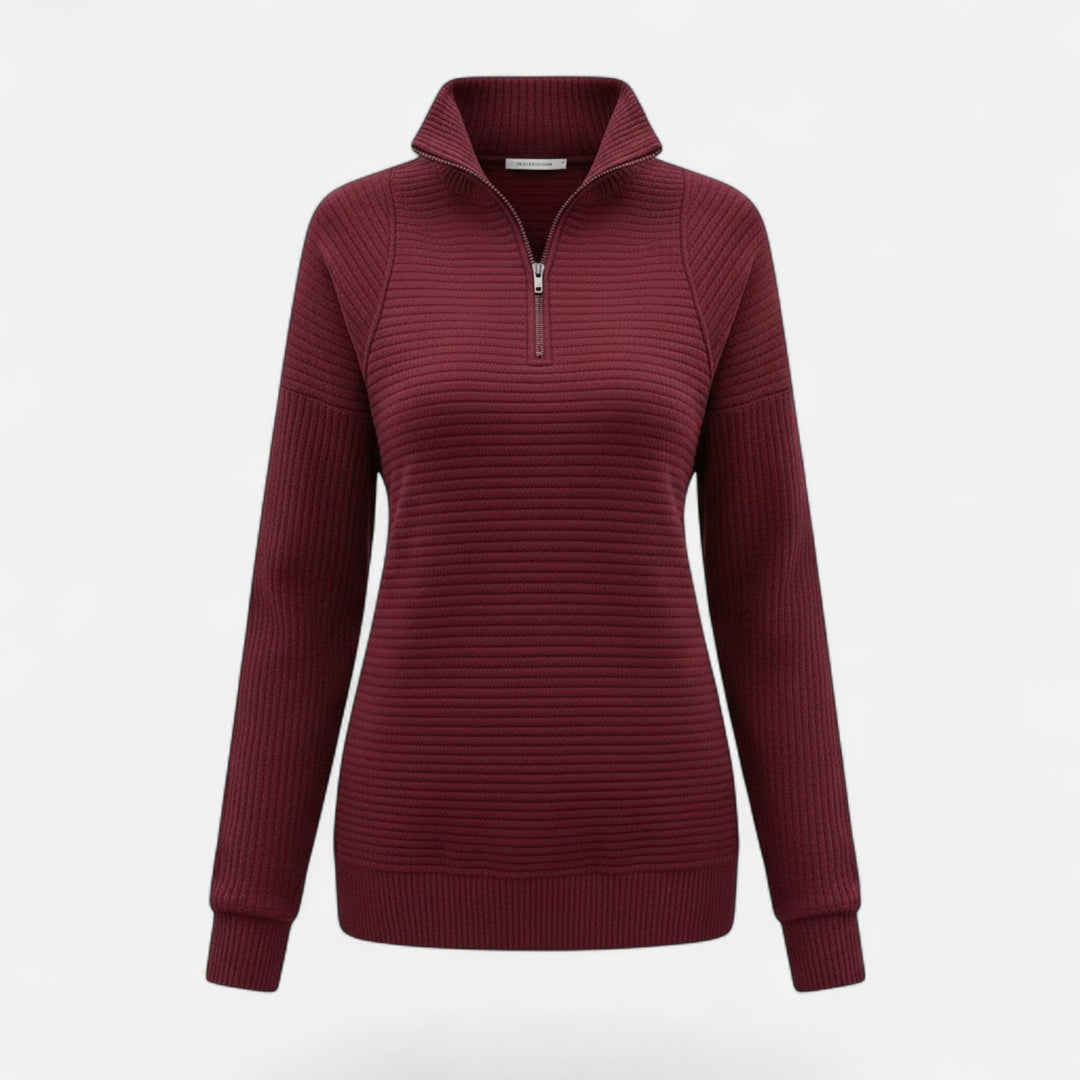Chic knit women's sweater with a zipper stand-collar, ideal for spring fashion and layering.