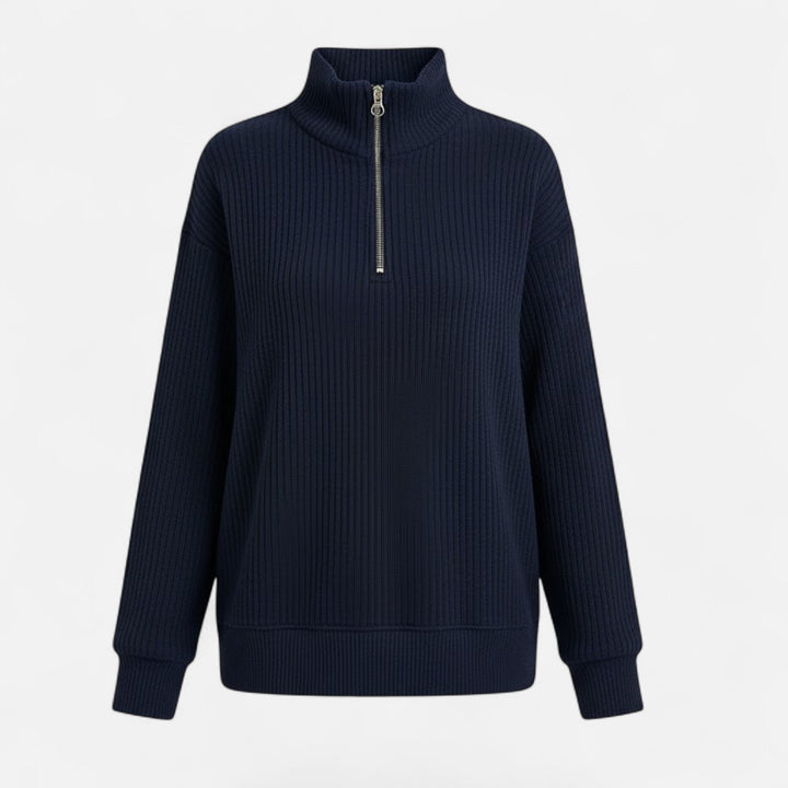 Soft, cozy women's knit sweater, stand-collar zipper, long sleeve, ideal for cooler weather.