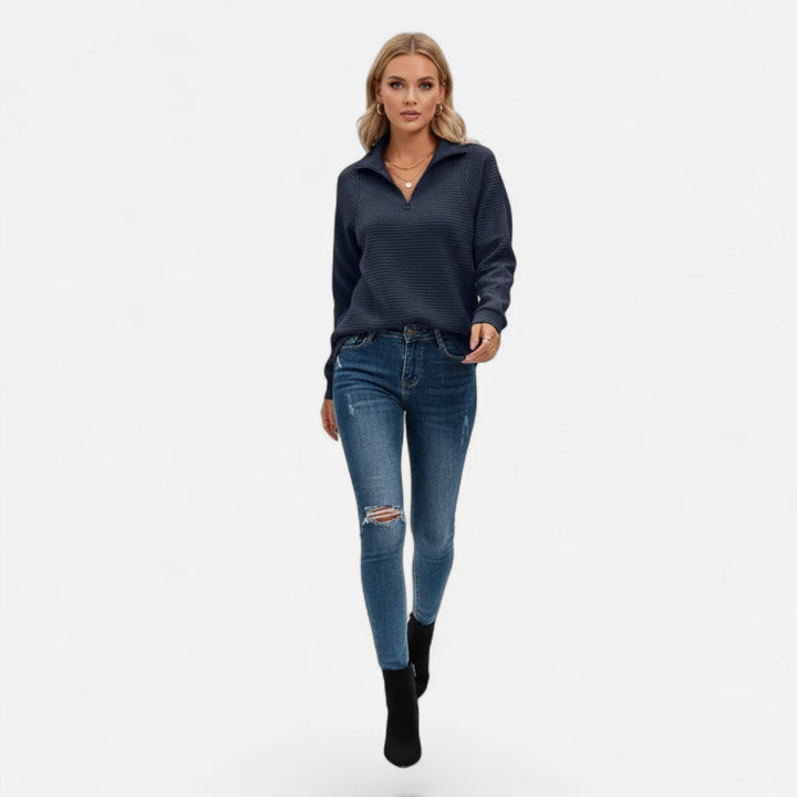 Women's zipper knit sweater, stand-collar design, long sleeves, great for transitional weather.
