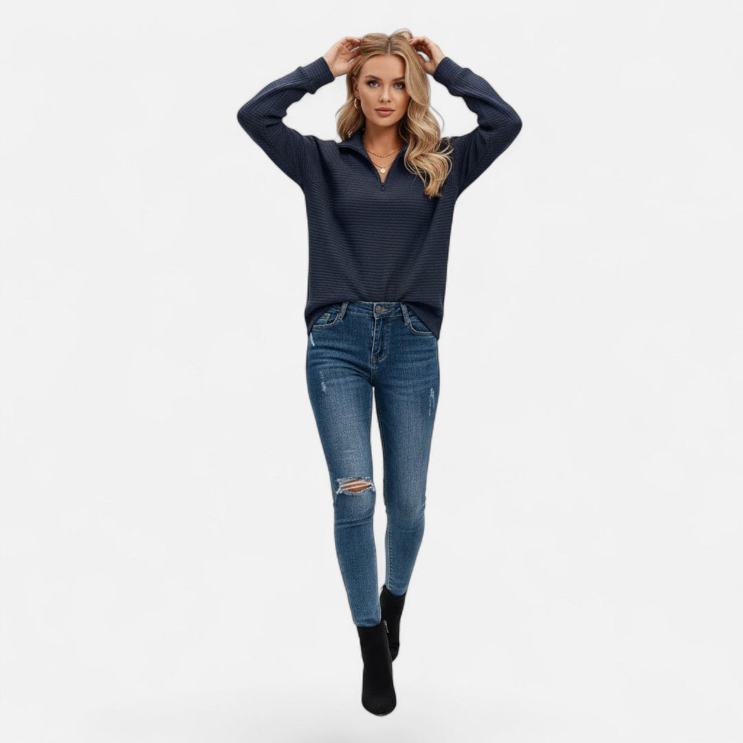 Casual chic women's knit sweater, stand-collar zipper, long sleeve, perfect for everyday style.