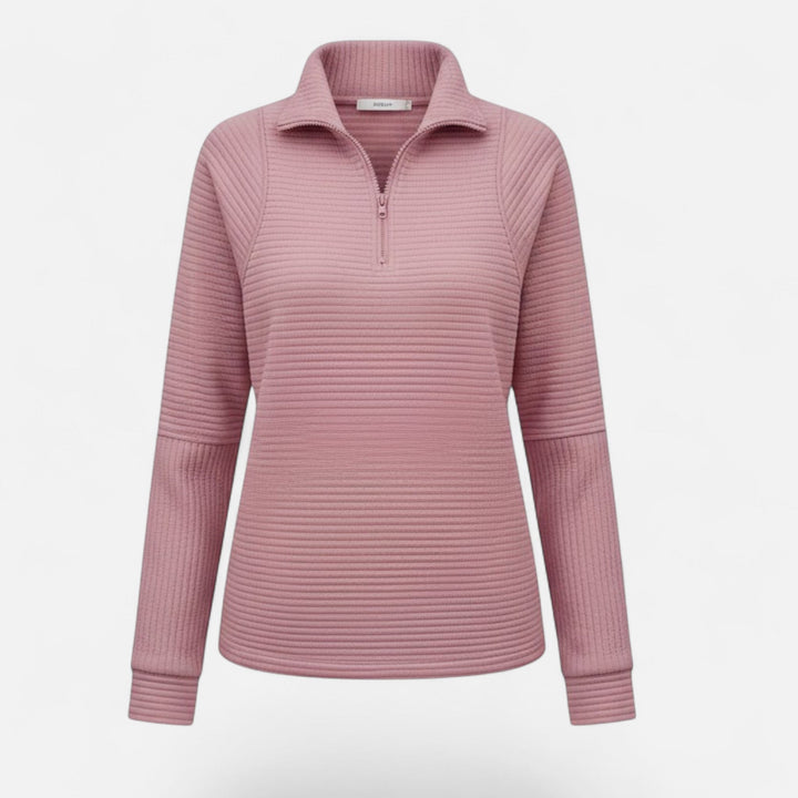 Ladies elegant knit sweater with a zipper stand-collar, versatile for both casual & dressy.
