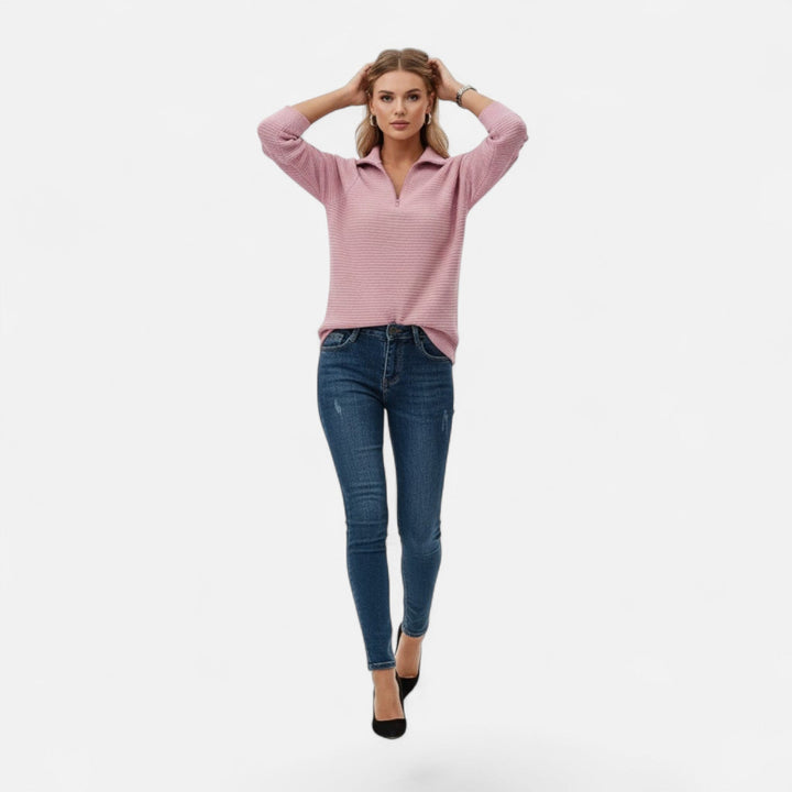 Spring fashion women's knit pullover, stand-collar zipper, comfortable and stylish everyday.