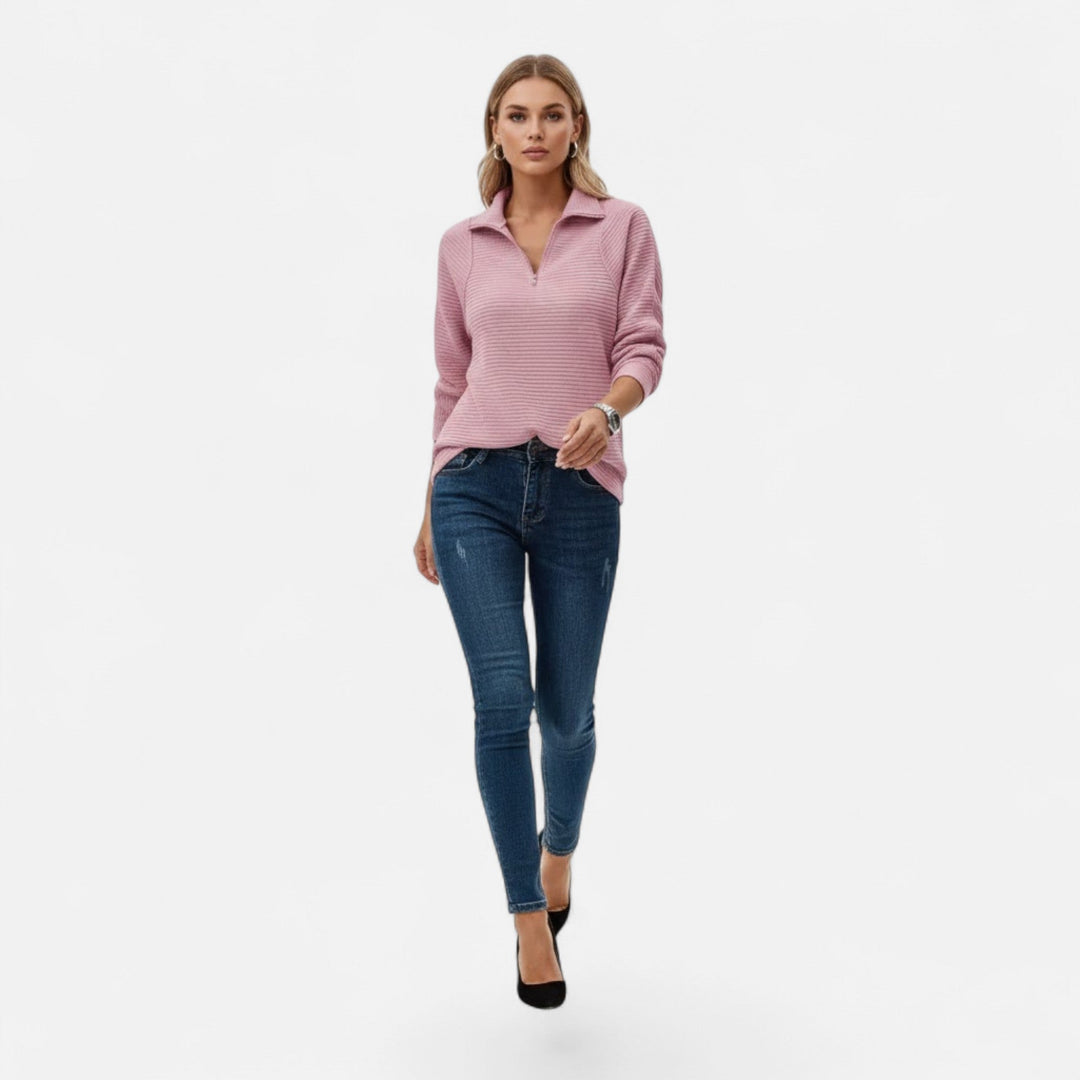 Classic women's long sleeve knit sweater, stand-collar with zipper, timeless casual appeal.