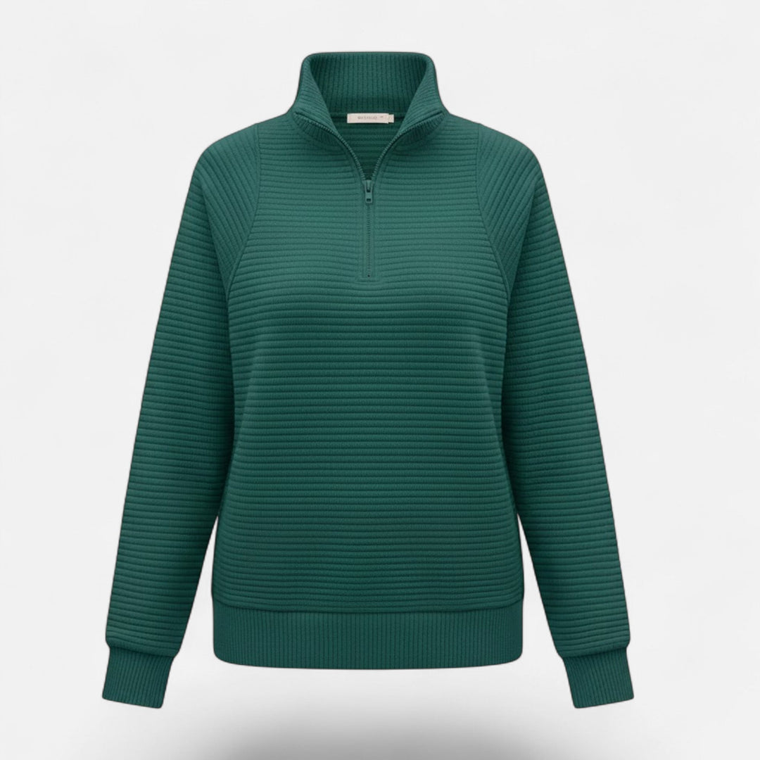 Autumn fashion women's knit sweater, zipper stand-collar, soft texture, long sleeve comfort.