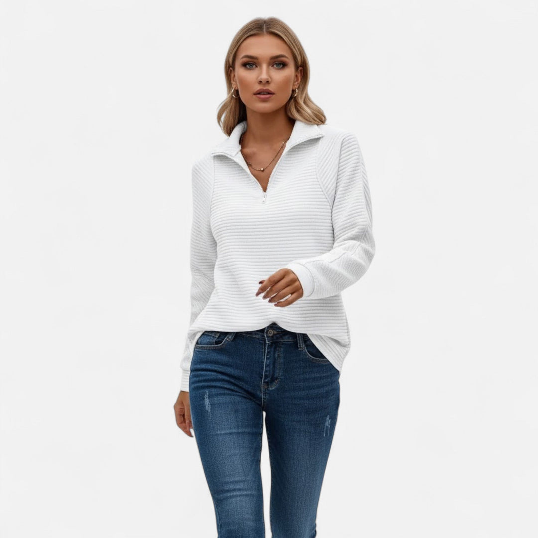 Versatile ladies long sleeve knit sweater, stand-collar zipper, casual chic for spring.
