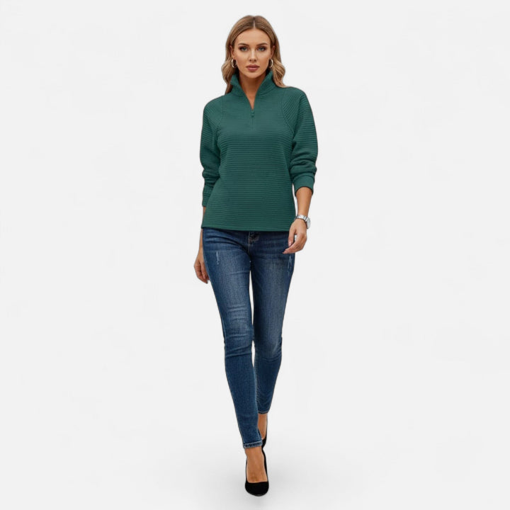 Women's versatile knit sweater, stand-collar zipper, long sleeve, perfect for layered looks.