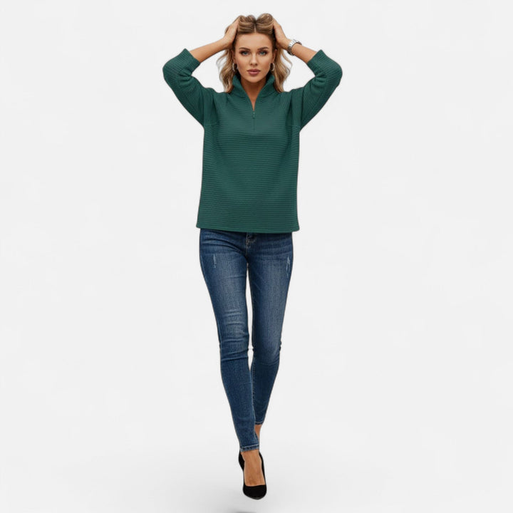 Elegant ladies knit sweater, zipper stand-collar, long sleeves, suitable for various occasions.