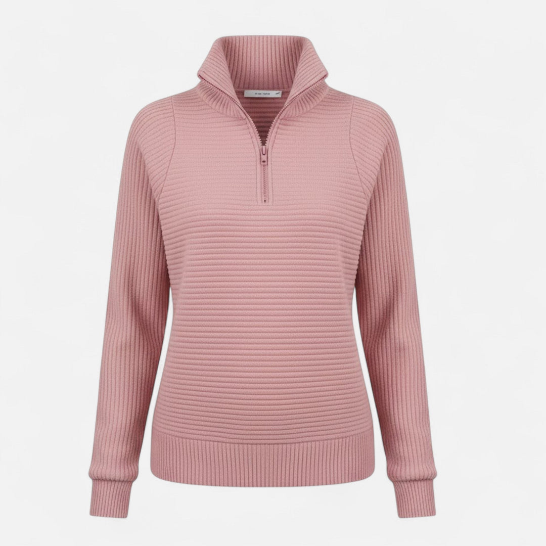 Modern women's zipper knit pullover, stand-collar, long sleeve, offering a sleek casual style.