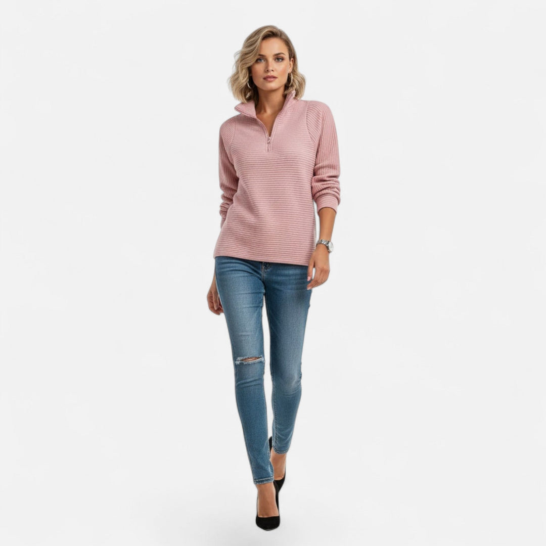 Chic women's long sleeve knit sweater, stand-collar zipper, ideal for a refined spring outfit.