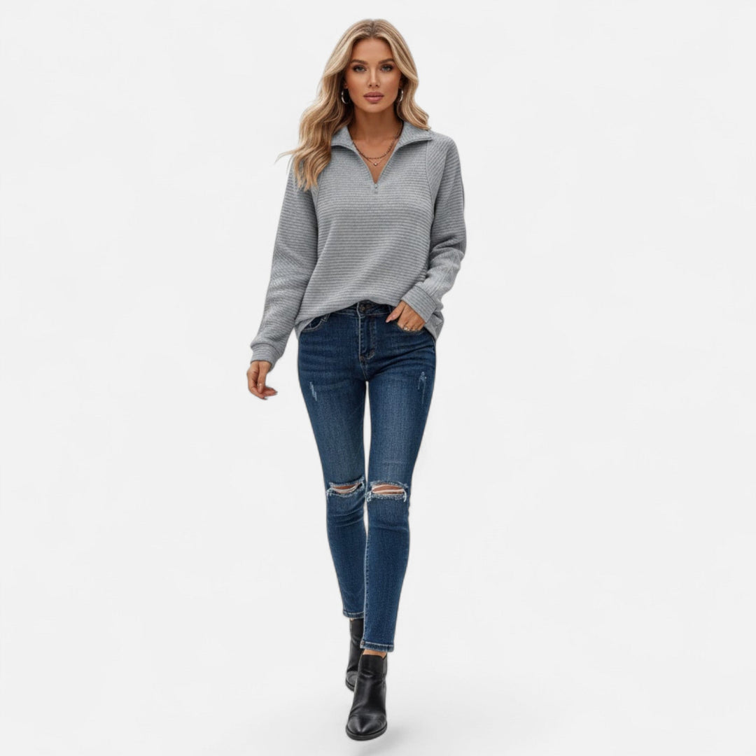 Women's knit sweater with zipper stand-collar, long sleeves, a stylish and practical pullover.