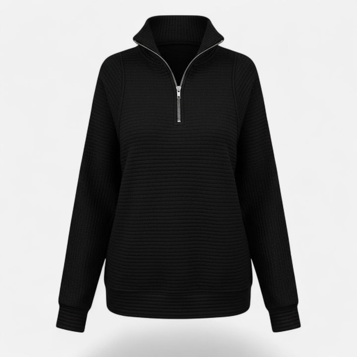 Autumn style women's knit pullover with elegant zipper stand-collar and long sleeves.