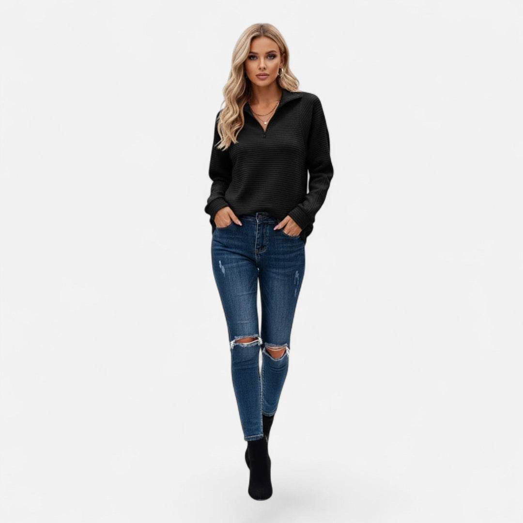 Ladies fashion knit sweater, stand-collar zipper, great for versatile and comfortable styling.