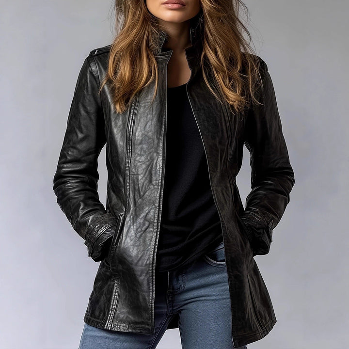 Chic women's lightweight black leather jacket for a stylish, casual look.
