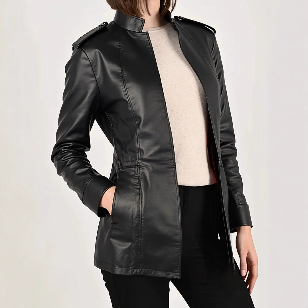 Elegant fashion outerwear: women's soft leather jacket, perfect for any occasion.