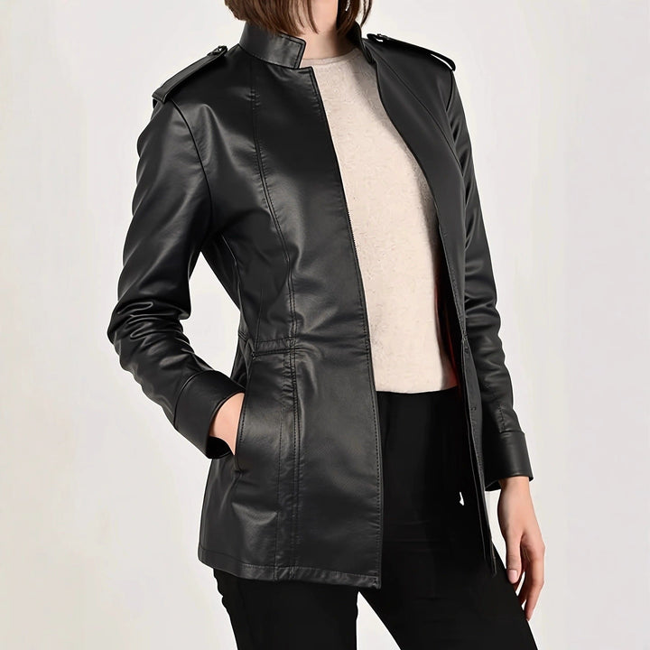Elegant fashion outerwear: women's soft leather jacket, perfect for any occasion.