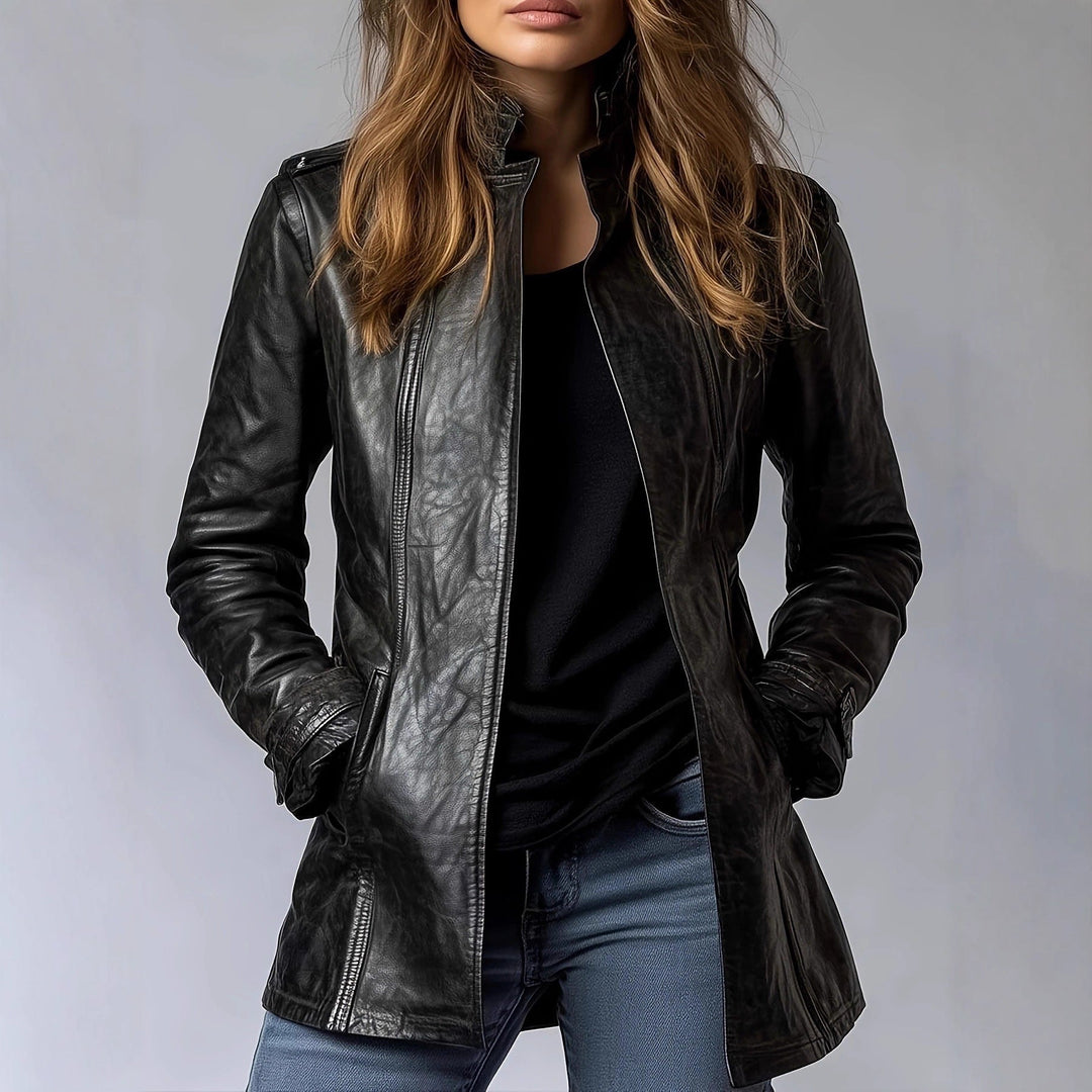 Classic black leather jacket for women, offering a lightweight and elegant style.