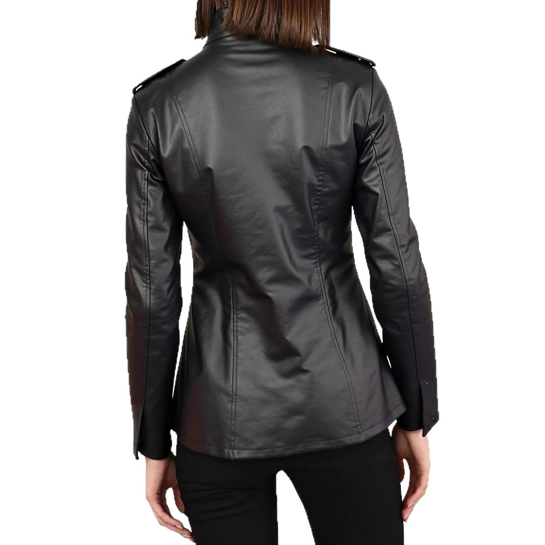 Stay fashionable with this women's chic lightweight leather jacket in black.