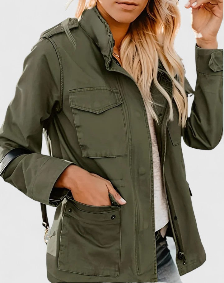 Versatile women's long zippered jacket, an ideal layering piece for casual everyday style in fall or winter.