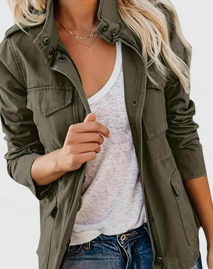 Elegant women's chic long jacket, fully zippered with functional pockets for ultimate fall and winter comfort.