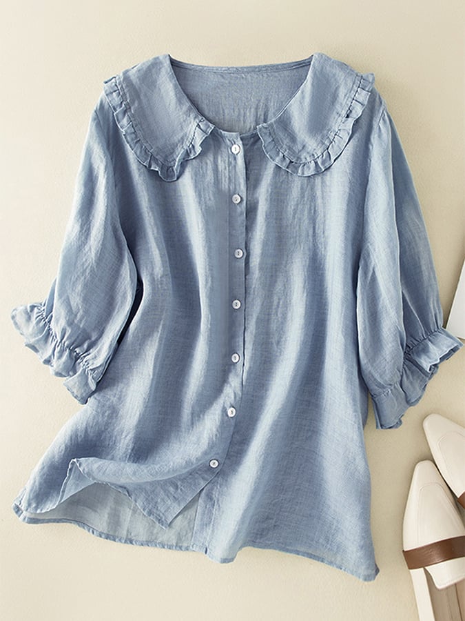 Chic women's loose fit ruffled neck blouse, perfect for comfortable and versatile everyday style.