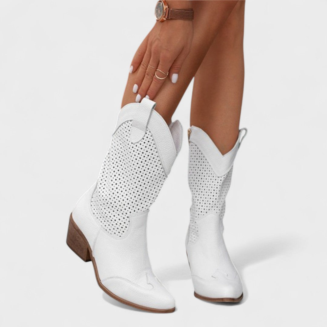 Versatile women's mid-calf boots featuring a unique perforated design, comfortable block heel, & round toe.