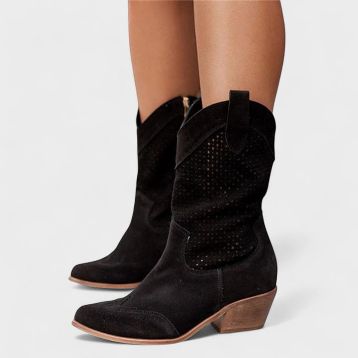 Stylish women's mid-calf boots: perforated upper, sturdy block heel, & classic round toe for fashion footwear.