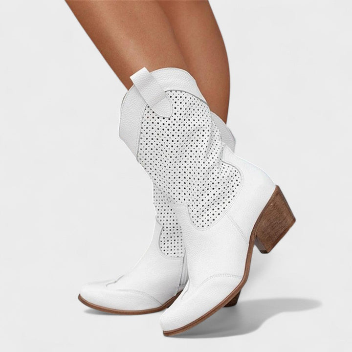 Elegant women's mid-calf boots with a chic perforated style, practical block heel, and comfortable round toe.