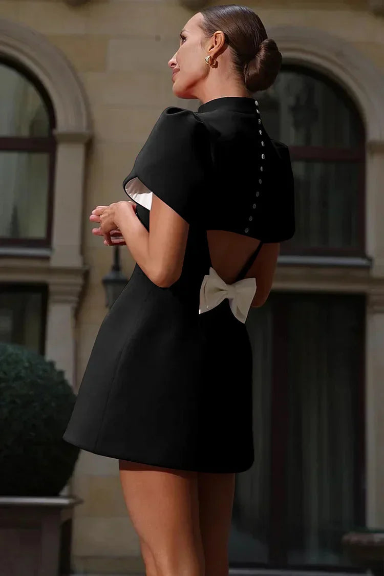 Versatile women's mini dress, chic and elegant for day or evening. Features a refined back bow detail for style.