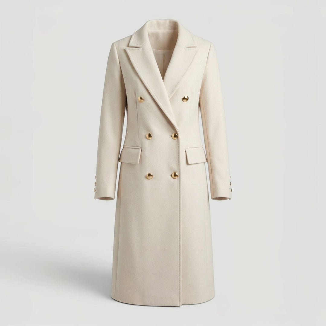 Modern women's fashion: an elegant double-breasted jacket for versatile minimalist everyday outfitting.