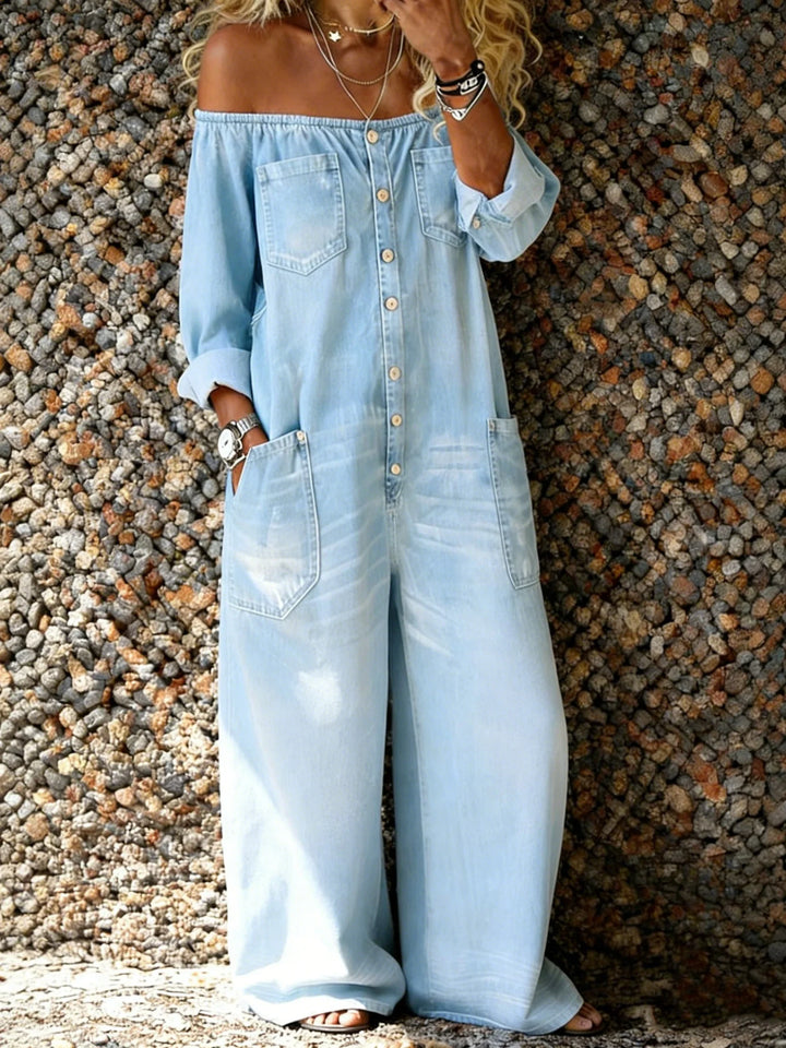 Relaxed fit off-shoulder jumpsuit for women, featuring a stylish button front and practical pockets. Versatile casual wear.