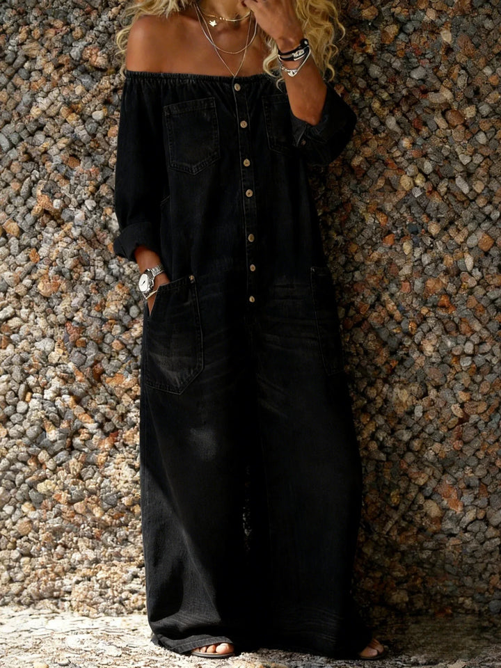 Stylish women's one-piece off-shoulder jumpsuit with a button-front closure and practical multi-pockets. Ideal for summer.