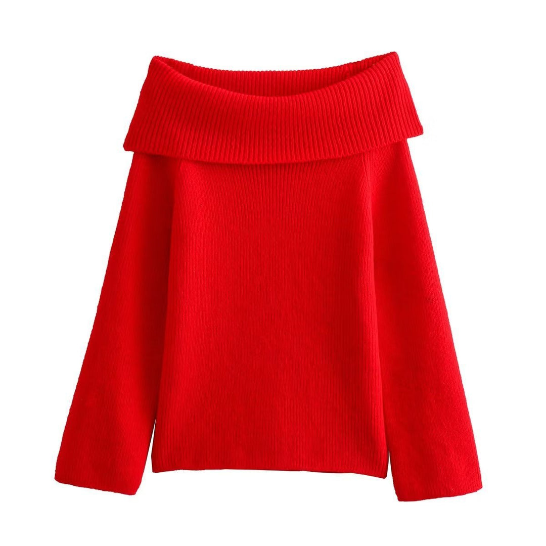 Stylish women's off-shoulder knitwear sweater. Elegant, cozy, and relaxed fit for autumn & winter casual chic.