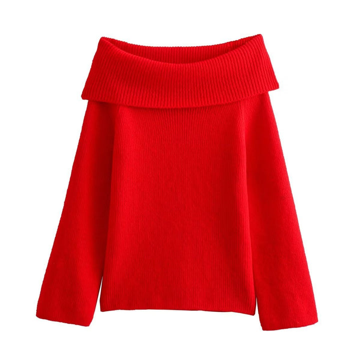 Stylish women's off-shoulder knitwear sweater. Elegant, cozy, and relaxed fit for autumn & winter casual chic.